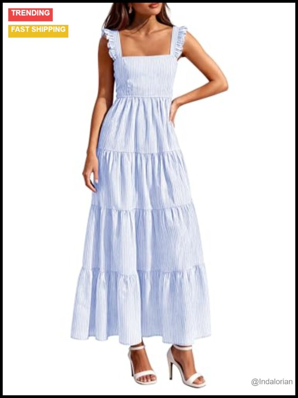 Women's Striped Maxi Dress Square Neck Smocked Tiered Ruffle